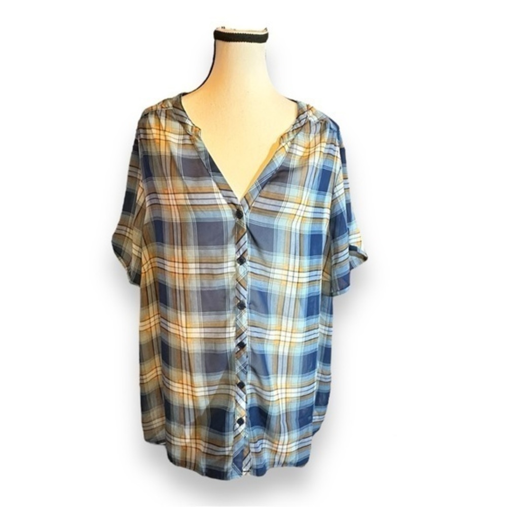 Women’s 2X Blue and Orange Plaid Georgette V Neck Short Sleeve Top 18 20 XXL
